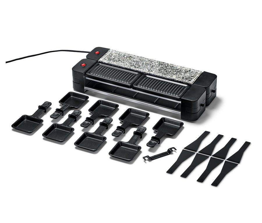 Un appareil à raclette pliable noir avec huit poêlons et spatules.