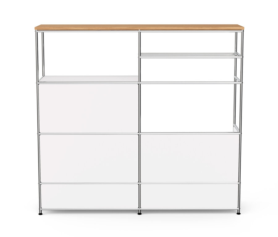 Commode en métal blanche « CN3 » avec plateau en bois, 1 tringle à vêtements, 1 abattant et 3 tiroirs.