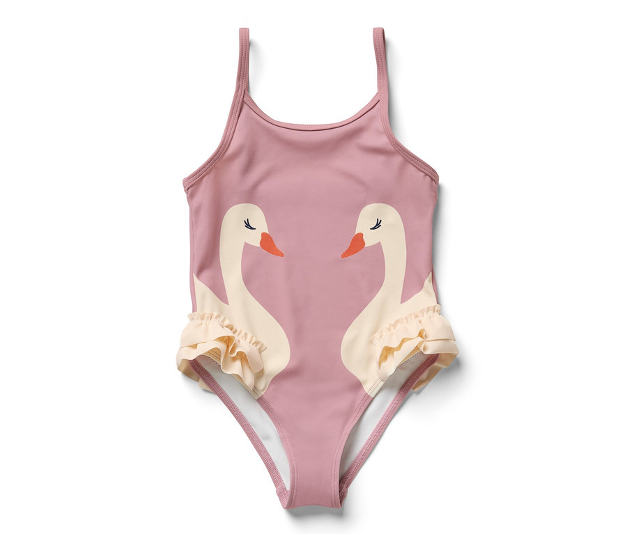 Maillot de bain rose à volants pour enfant avec motif de cygne.