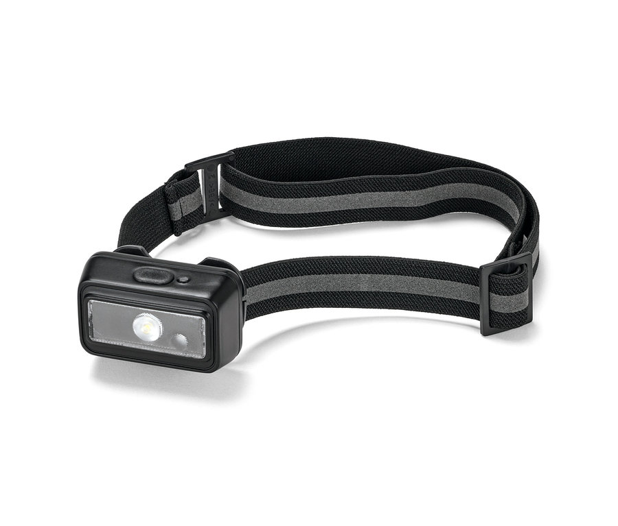 Une lampe frontale compacte avec une bande élastique noire à deux rayures grises.