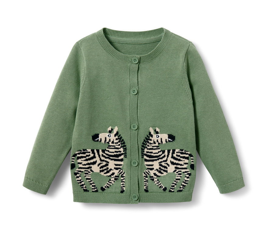 Veste en tricot jacquard verte pour enfant avec des zèbres.