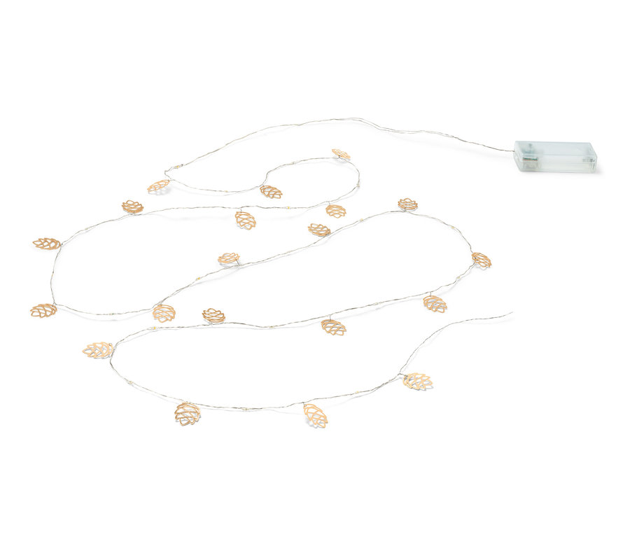 Micro-guirlande lumineuse à LED avec décorations de pommes de pin sur fond blanc.
