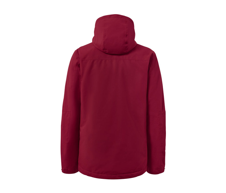 Vue arrière détaillée d'une veste d'extérieur rouge avec gilet.