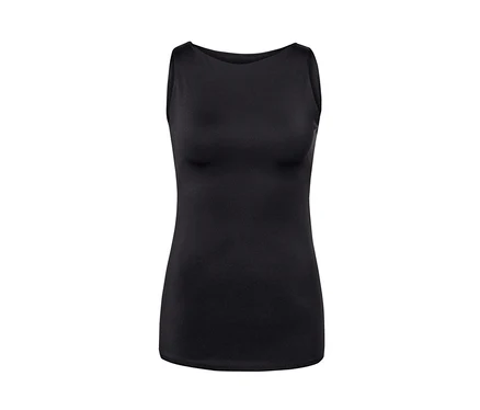 Haut de yoga noire avec brassière intégrée.