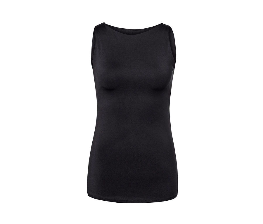 Haut de yoga noire avec brassière intégrée.