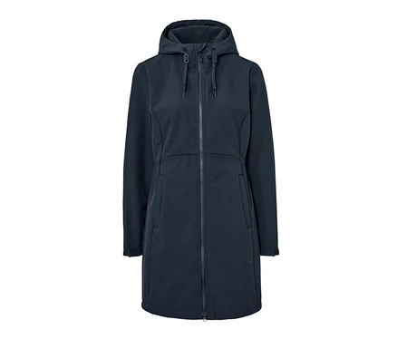 Manteau en softshell bleu foncé avec capuche et fermeture éclair au centre.
