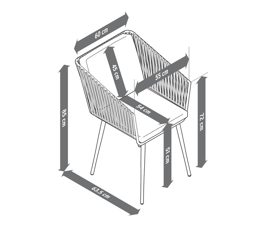 Schéma d'un fauteuil de salle à manger avec tressage textile, avec les dimensions indiquées.