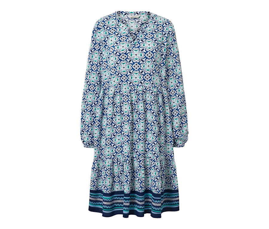 Robe tissée bleue à imprimé intégral.