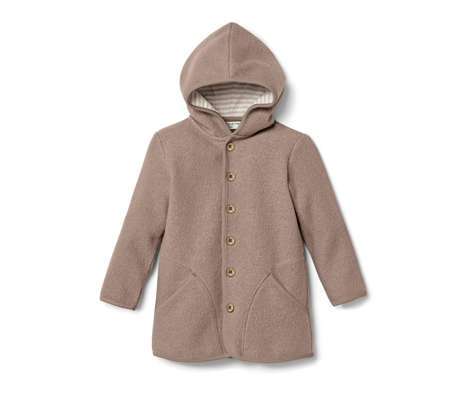 Veste beige pour enfant en laine mérinos avec capuche et boutons.