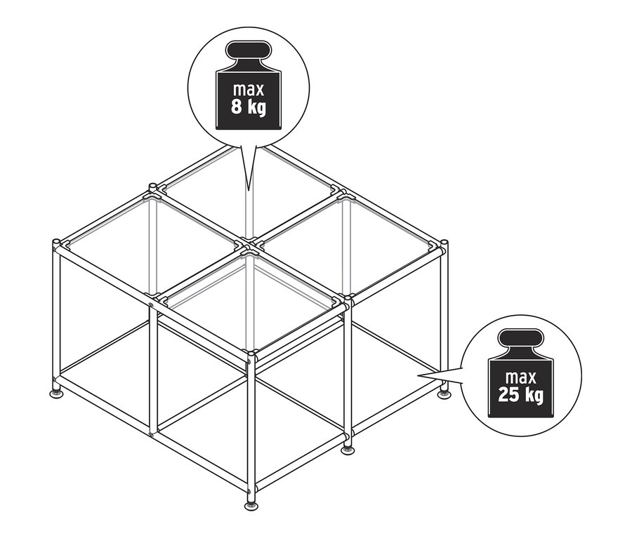 Schéma d'une table basse à roulettes « CN3 », la capacité de charge maximale du dessus est de 8 kg, la capacité de charge maximale du dessous est de 25 kg.