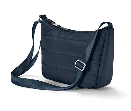 Un sac bandoulière bleu marine avec une bandoulière réglable et une fermeture éclair.