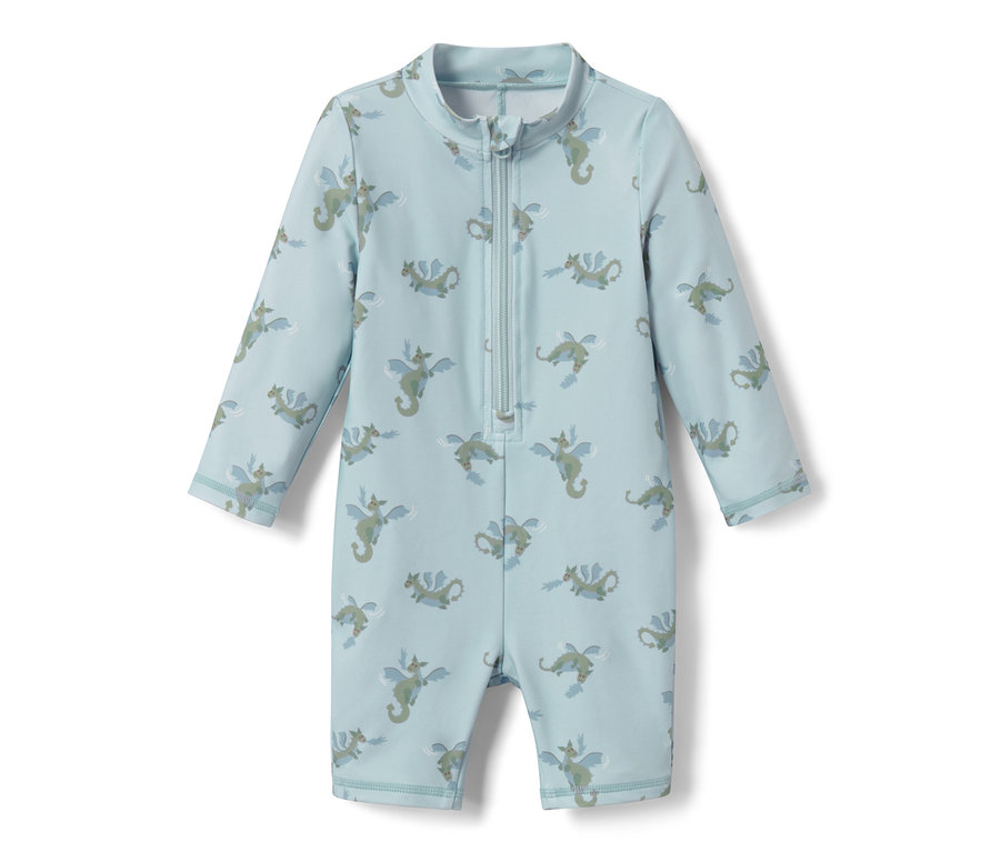 Combinaison bleue pour bébé avec indice de protection UV 80, motif dragon.