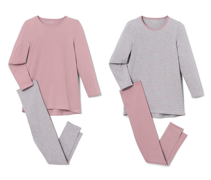 Deux pyjamas pour enfant : un rose clair avec un pantalon rayé gris, un gris avec un pantalon rose.