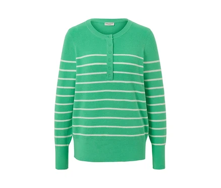 Pull en maille fine rayé vert et blanc.