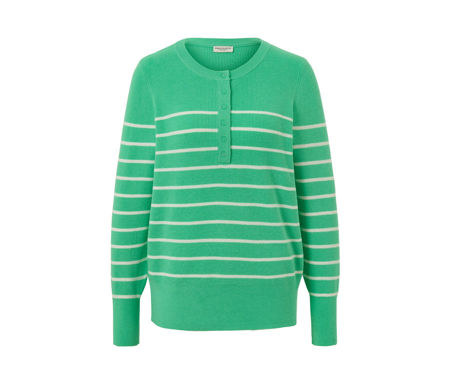 Pull en maille fine rayé vert et blanc.