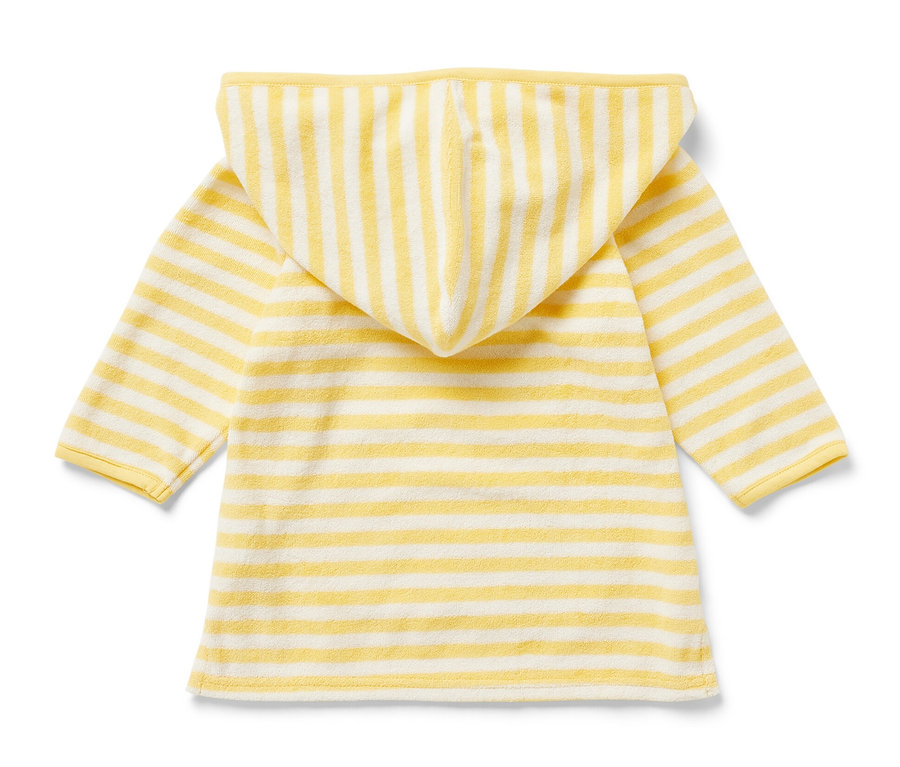 Vue arrière d'un poncho pour enfant en tissu éponge rayé jaune et blanc avec capuche.
