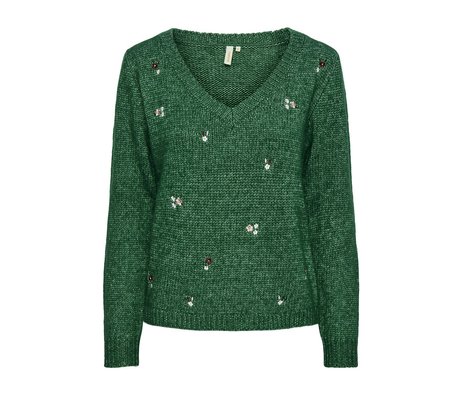 Pull en grosse maille vert avec col en V et détails floraux.