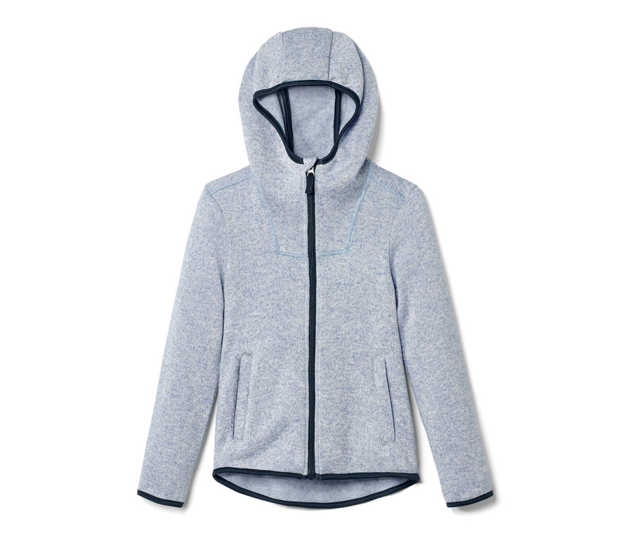 Veste en maille polaire bleu clair pour enfant avec capuche et fermeture éclair.