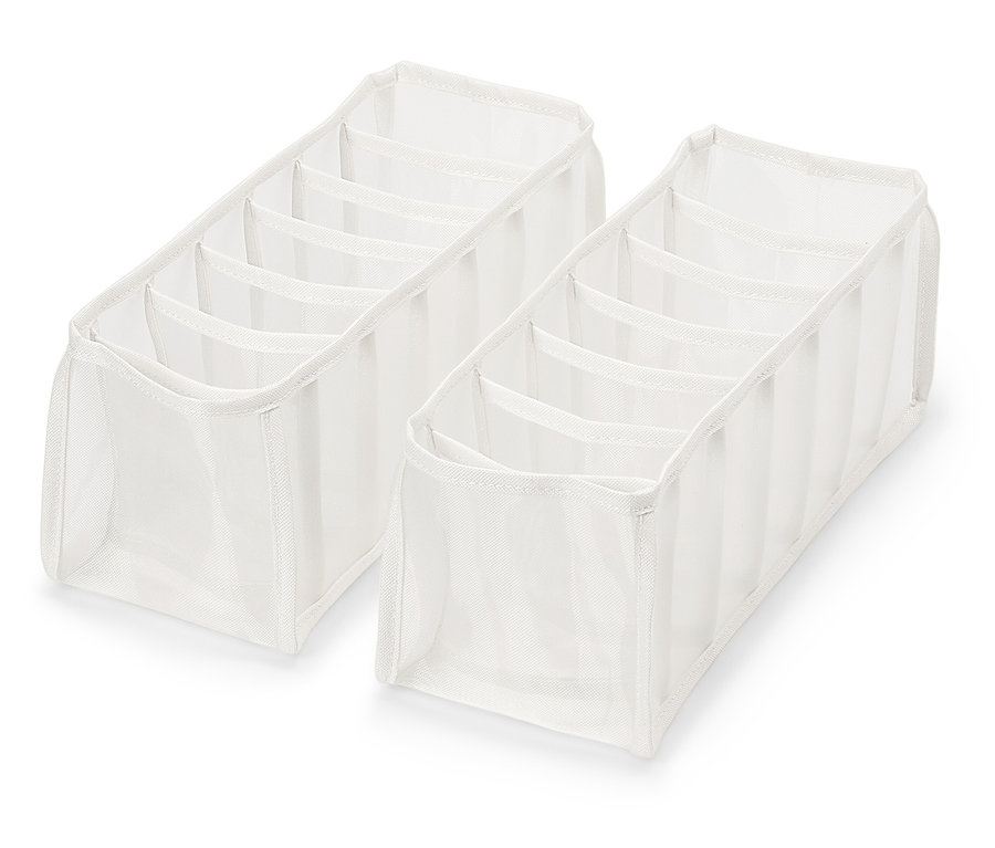 Deux organiseurs de tiroirs blancs à six compartiments sur fond blanc.