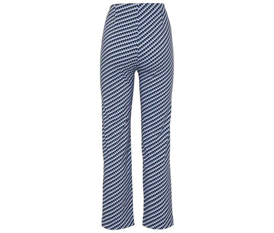 Pantalon long avec un motif géométrique bleu et blanc.