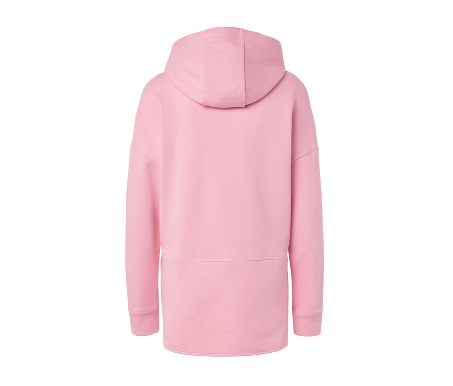 Vue arrière d'un sweat-shirt long à capuche rose.