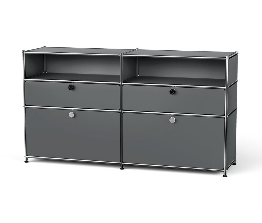Système de rangement modulaire gris avec cadre chromé, deux étagères ouvertes en haut et quatre tiroirs.
