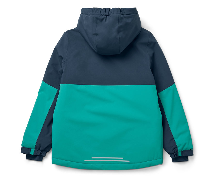 Vue arrière d'une veste bleu et vert avec capuche.