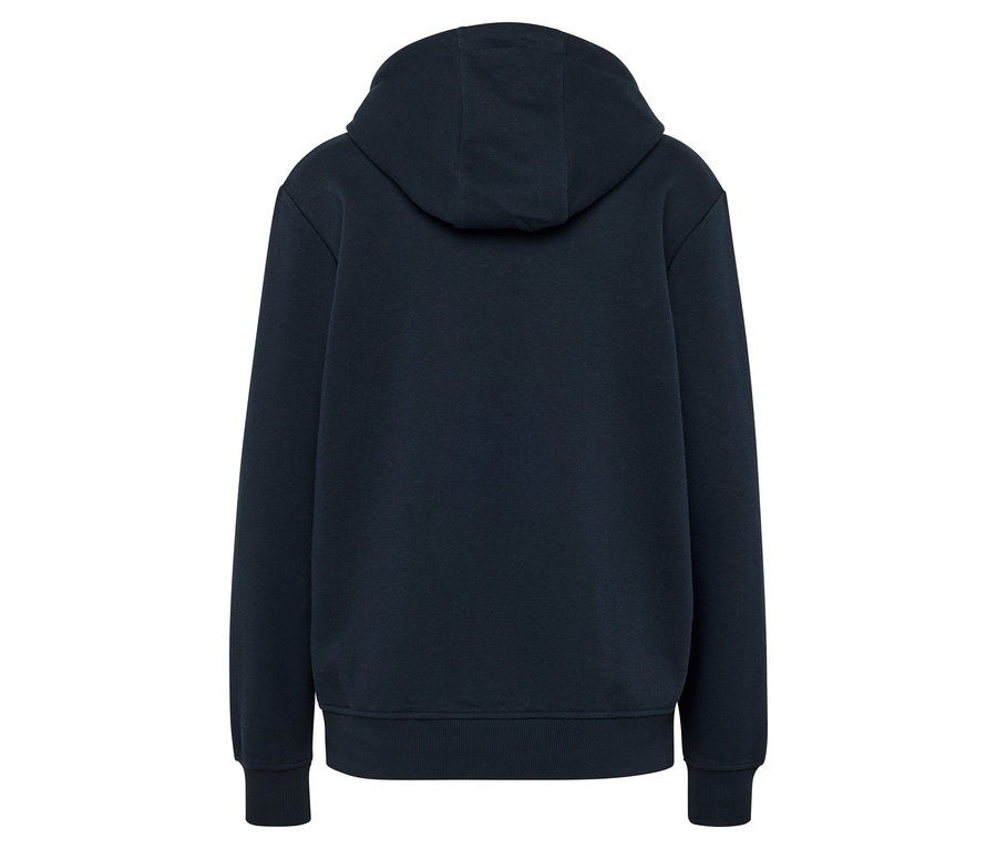Un sweat à capuche bleu marine vu de dos.
