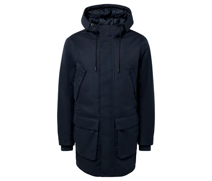 Parka bleu marine à capuche et poches.