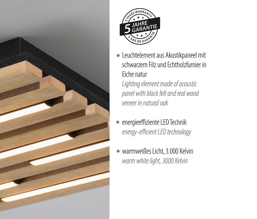 Détail d'un plafonnier avec panneau acoustique, feutre noir et placage en bois véritable en chêne naturel.