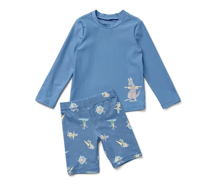 Combinaison bleue pour enfants avec protection UV 80, motif kangourou.
