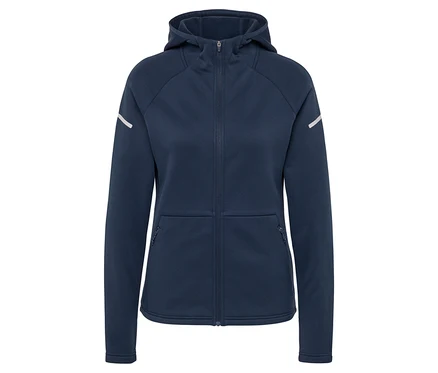Veste thermique bleu foncé avec fermeture éclair et capuche.