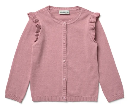 Gilet rose en tricot avec boutons et volants aux épaules.