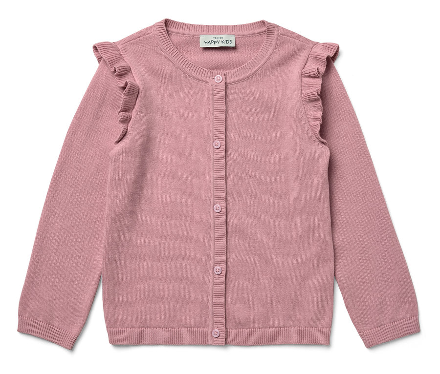 Gilet rose en tricot avec boutons et volants aux épaules.