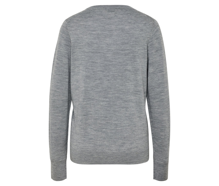 Vue arrière d'un pull en laine gris à manches longues.