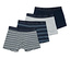 Quatre boxers pour hommes sont posés les uns sur les autres. Un est bleu foncé, un gris et deux rayés.