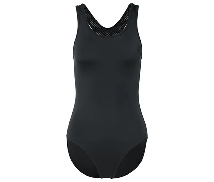 Maillot de bain noir avec encolure dégagée et détails en maille au dos.