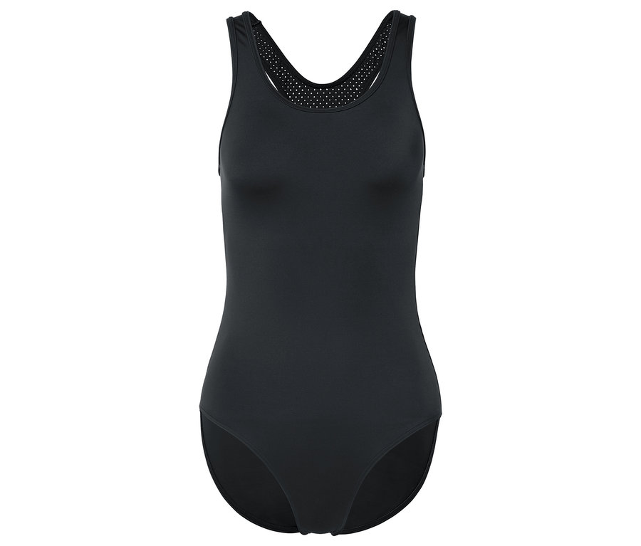 Maillot de bain noir avec encolure dégagée et détails en maille au dos.
