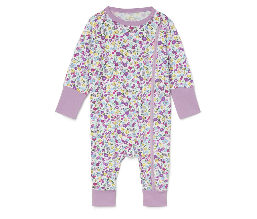 Combinaison pour bébé avec motif floral et bordures violettes.