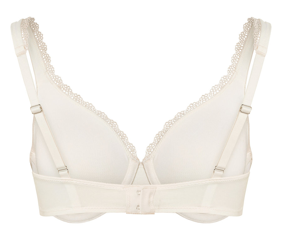 Vue arrière d'un soutien-gorge blanc avec de la dentelle.