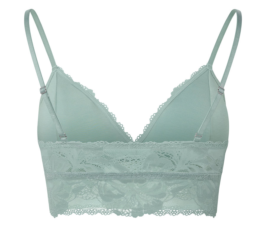 Vue arrière d'une bralette en dentelle vert clair avec de fines bretelles.