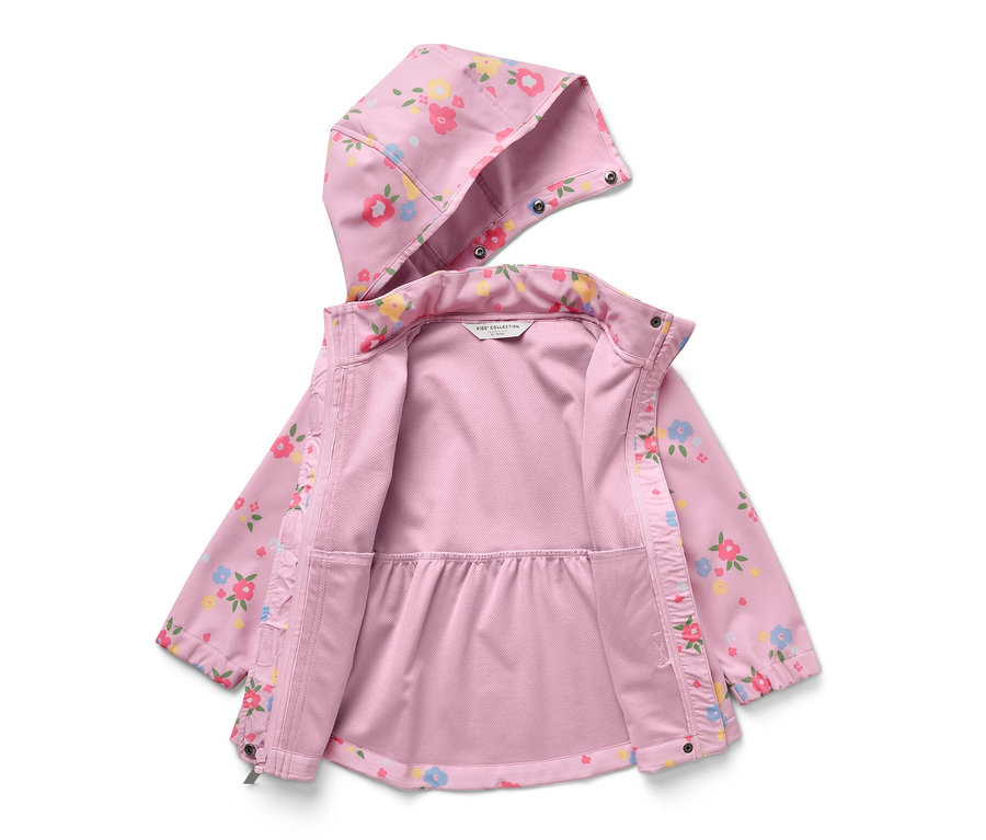 Veste en softshell pour enfant ouverte avec capuche et motif floral rose.