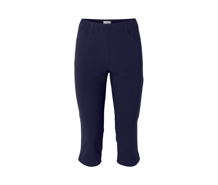 Pantalon 3/4 en bengaline bleu foncé.