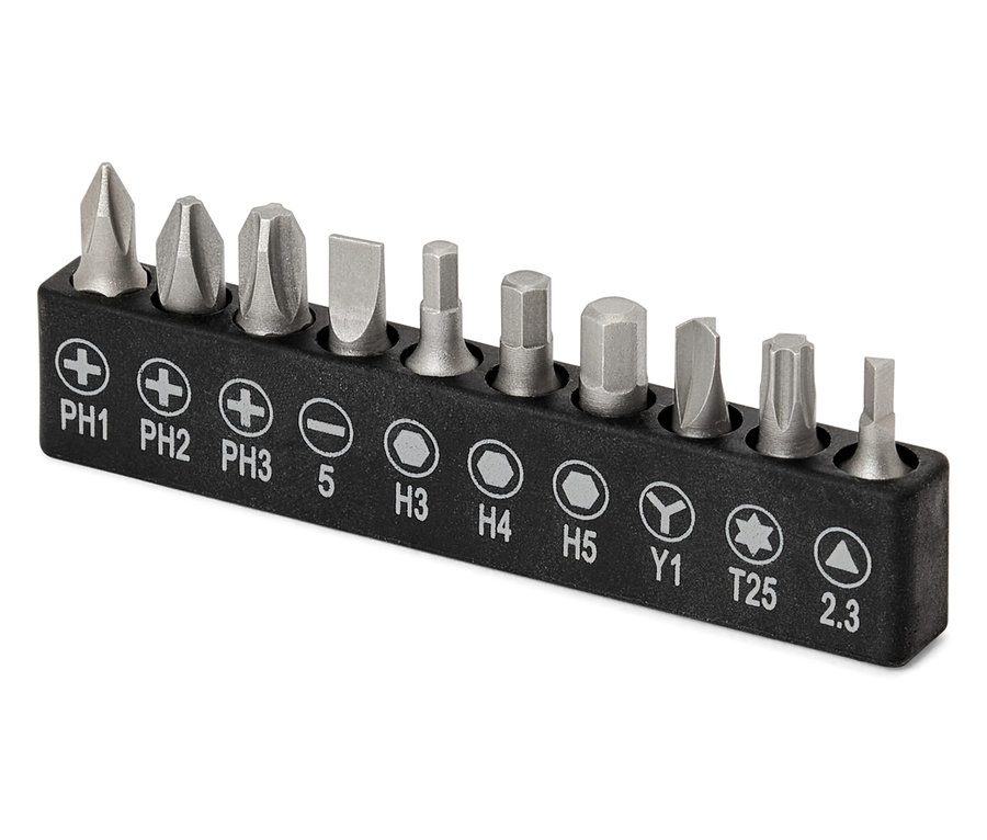 Un jeu d'embouts pour mini-tournevis sans fil 3,6 V dans un support noir.