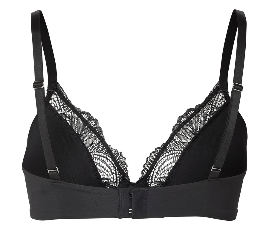 Vue détaillée de l'arrière d'un soutien-gorge noir avec des détails en dentelle.