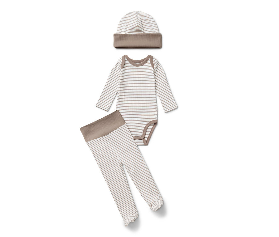 Ensemble pour bébé, 3 pièces, comprenant un body rayé à manches longues, un pantalon et un bonnet.