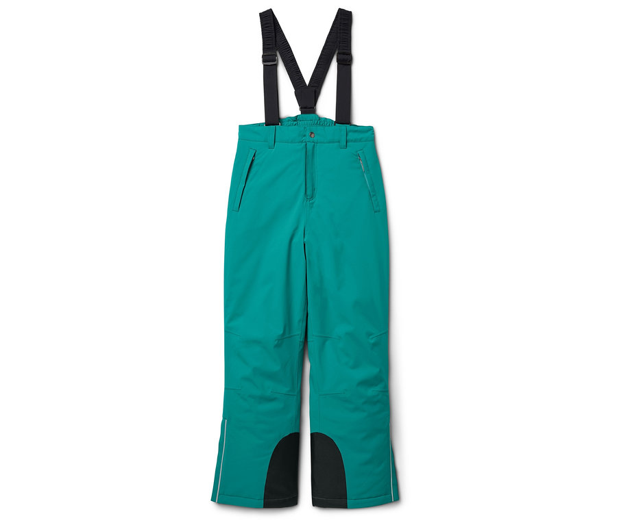 Pantalon de ski vert avec bretelles noires et renforts noirs à l'intérieur des jambes.