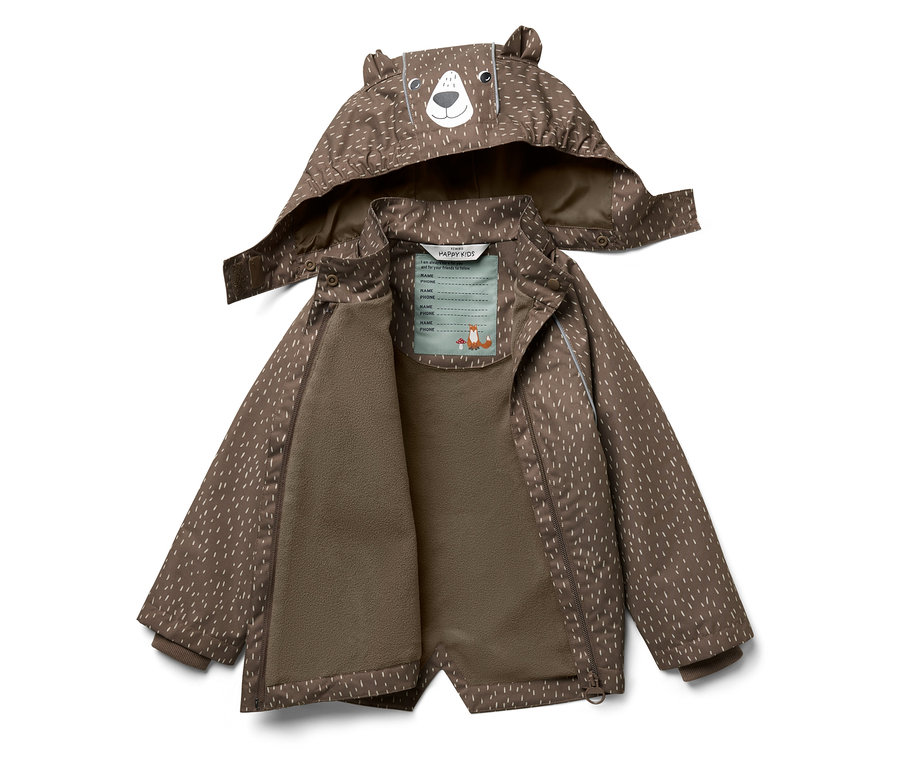 Une veste marron ouverte à capuche avec motif et oreilles d'ours.
