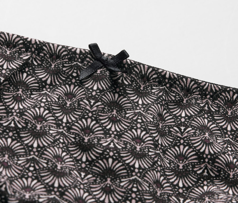 Vue détaillée de 5 slips avec un motif floral noir et blanc et un nœud noir.