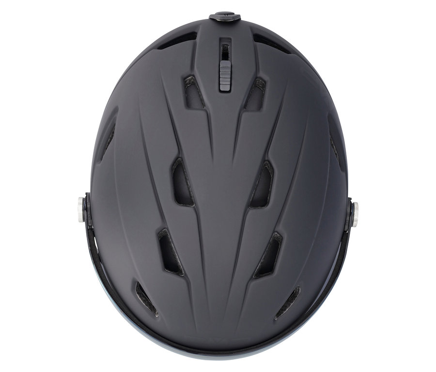 Vue de dessus d'un casque noir mat avec des évents et une visière.